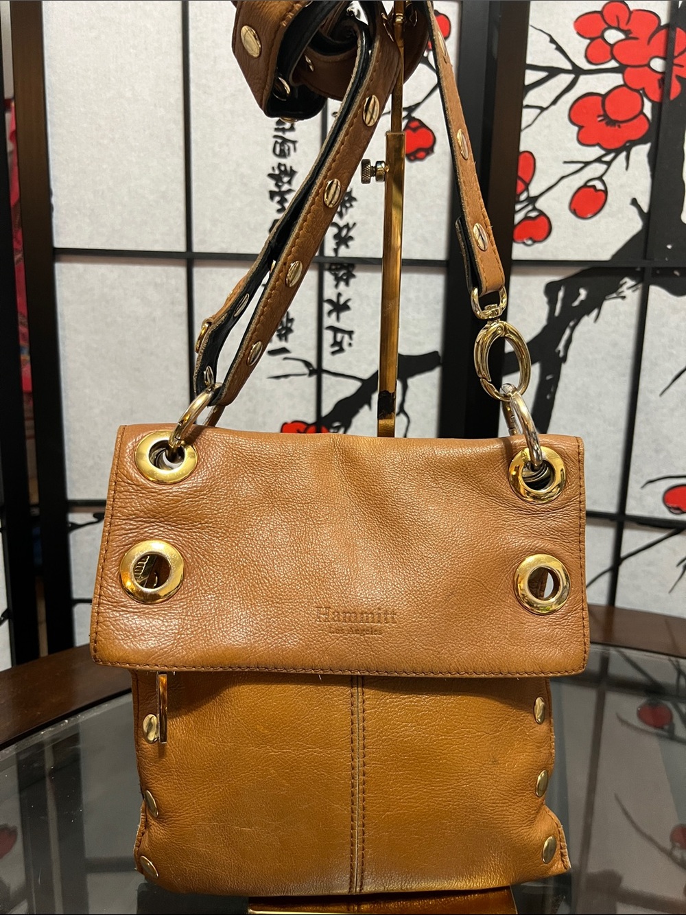 Hammitt Tan Leather Shoulder Bag with Gold Grommet Hardware